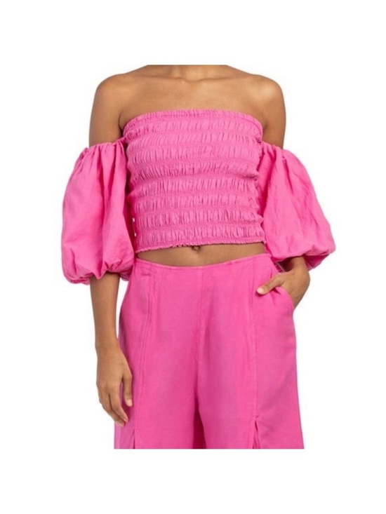 Young Fabulous & Broke Tops - Young Fabulous & Broke 55% Linen Smocked Off Shoulder Puff Pink Yacht Top Size L